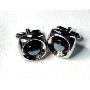 Silver & Black Round Cufflinks With Polished Finish & Swivel Backing